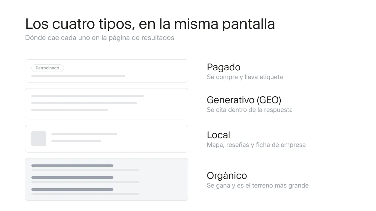 Anatomía de una página de resultados de Google con la posición de los cuatro tipos de posicionamiento: pagado, generativo, local y orgánico