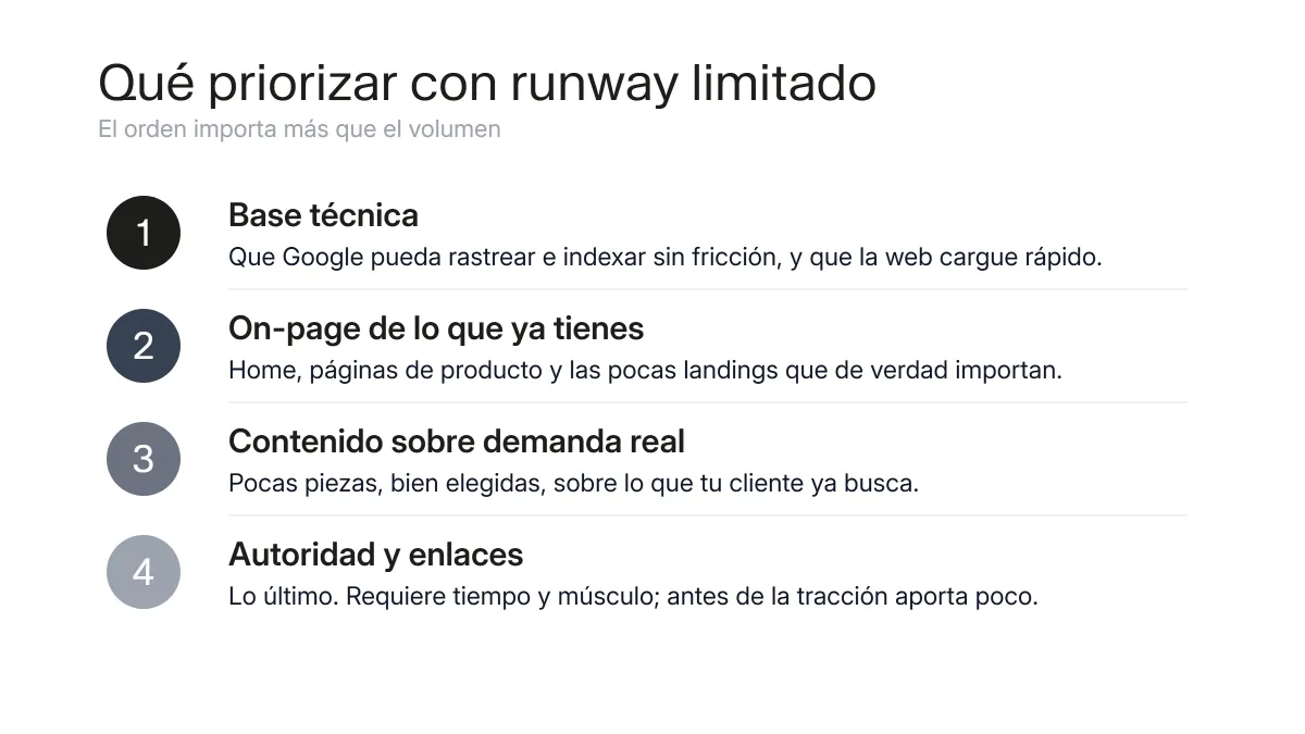 Prioridades de SEO ordenadas para una startup con presupuesto y equipo limitados