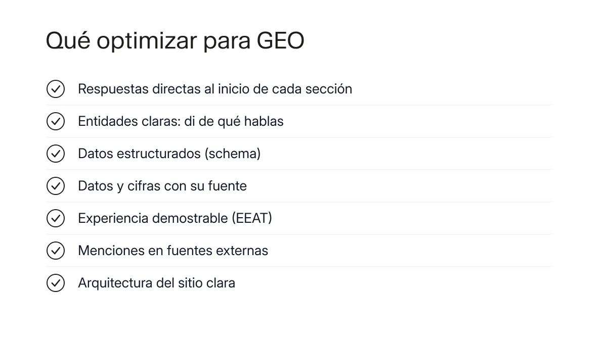 Checklist de factores para optimizar contenido para GEO: respuestas directas, entidades, datos estructurados, autoridad y presencia en fuentes