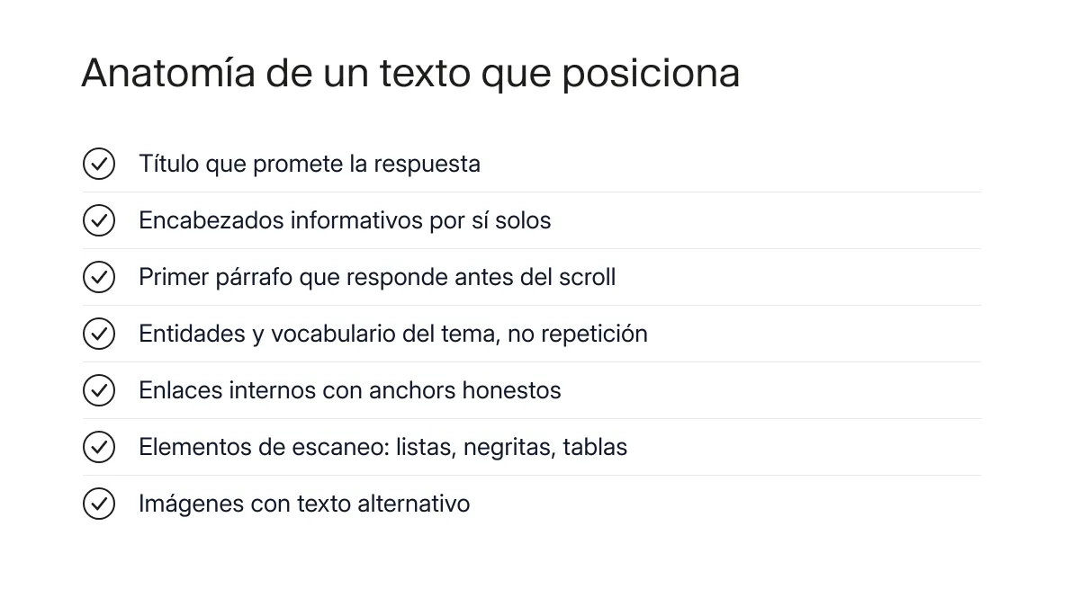 Diagrama de las capas de un texto optimizado: intención, estructura de encabezados, entidades y enlaces internos