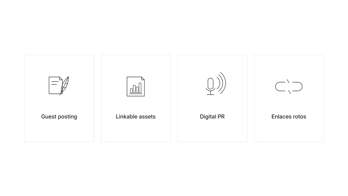 Tarjetas con las principales tácticas para conseguir backlinks: guest posting, linkable assets, digital PR y enlaces rotos